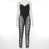 Spring Solid Color Sexy Sling Backless Gauzy One-Piece Trousers
