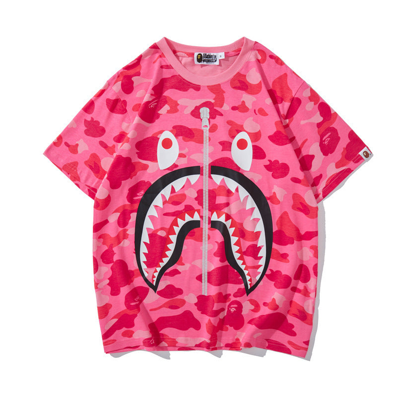 WGM Closing Men's and Women's Camouflage Shark Fake Zipped round Neck Short-Sleeved T-shirt