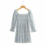 Women Fall Fall Two-Color Printed Dress Elastic Square Collar Skirt