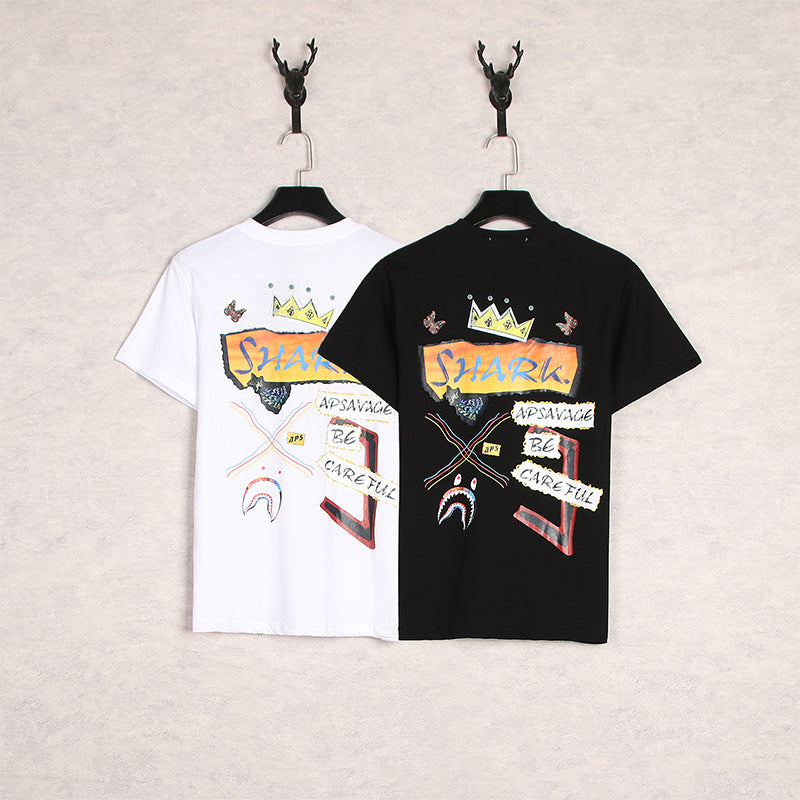 WGM Closing Shark Graffiti Crown Printing Youth Men's and Women's Short-Sleeved T-shirt