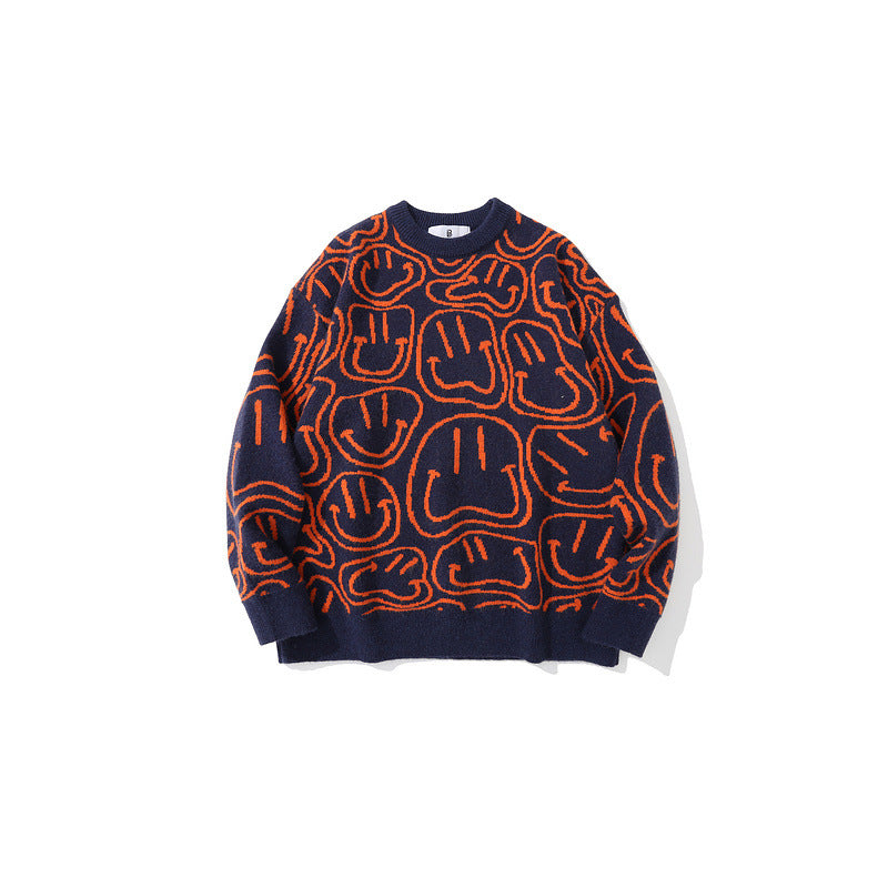 Mens Fall Outfits Smiley Face Jacquard Knitted Sweater Men's Loose Street Couple Casual Top