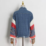 90S Outfits Retro Tattered Jeans Fashion Denim Jacket Women's Contrast Color Wool Knitted Sleeve Coat