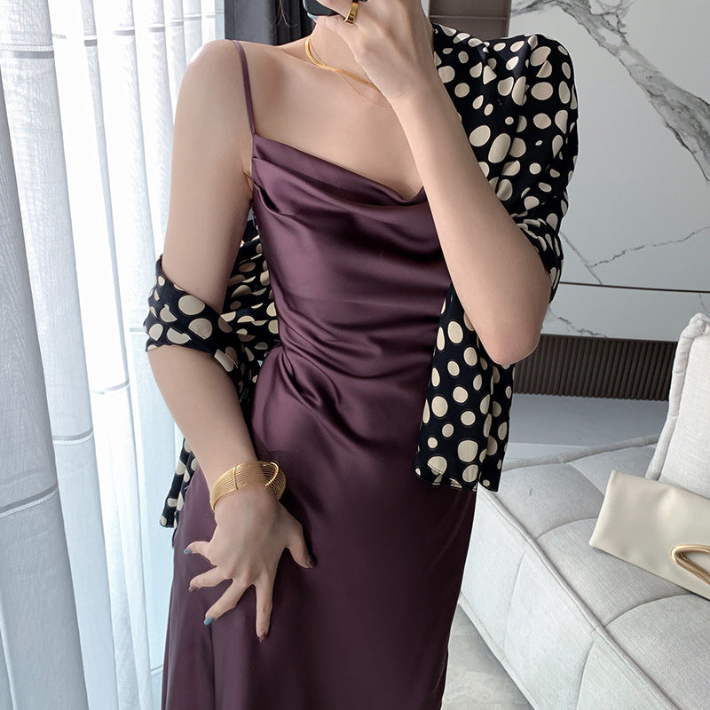 Satin Dress French Silk Swing Collar Satin Glossy Suspender Dress High-Grade Backless Holiday Dress for Women