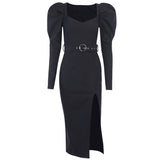 Winter Formal Dresses Autumn And Winter Puff Sleeve Dress Casual Slit Square Collar Belt Hip Skirt For Women