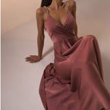 Mauve Dress Summer Solid Satin Pearl Suspender Dress Sexy V-neck Fashion Swing