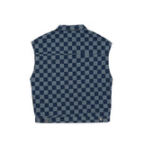 Men Sweater Vest Washed Distressed Checkered Denim Vest Men's Retro Street Sleeveless Work Vest