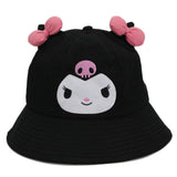 My Melody Hat Little Devil Bucket Hat Cute Girl Heart Bow Cartoon Black Bucket Hat Sun Hat Kulomi