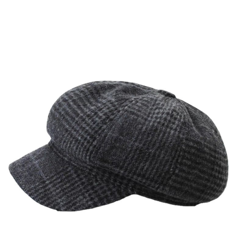 Check Beret Hat Autumn and Winter Solid Color Striped Peaked Cap