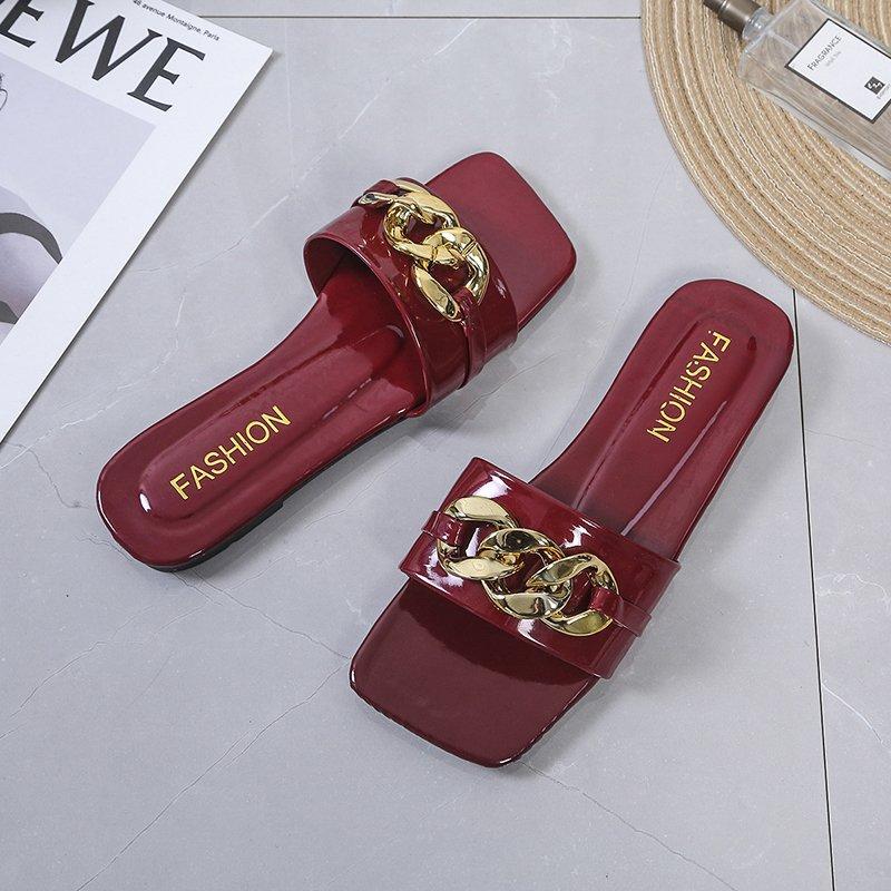 Women Open Toe Sands Flats Summer Metal Flat Ankle-Strap Sandals Fashion Flat-Heeled Slippers