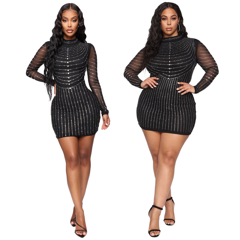 Nina Parker Black Dress Rhinestone Slim-Fit Long-Sleeved Party Sheath Dress