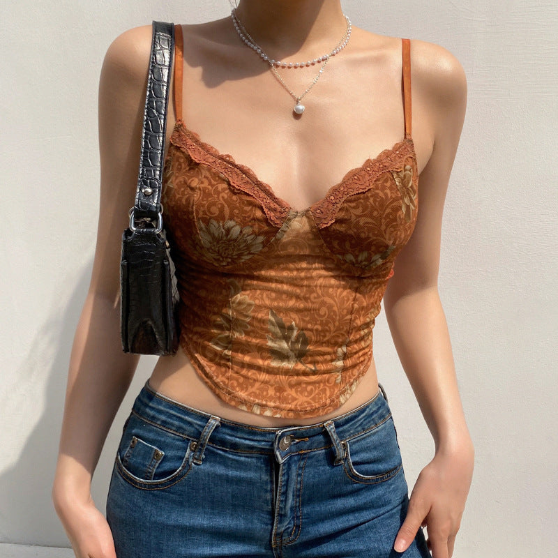Women Rave Outfits Tops Summer Sexy Women Clothing Vintage Mesh Lace Printing
