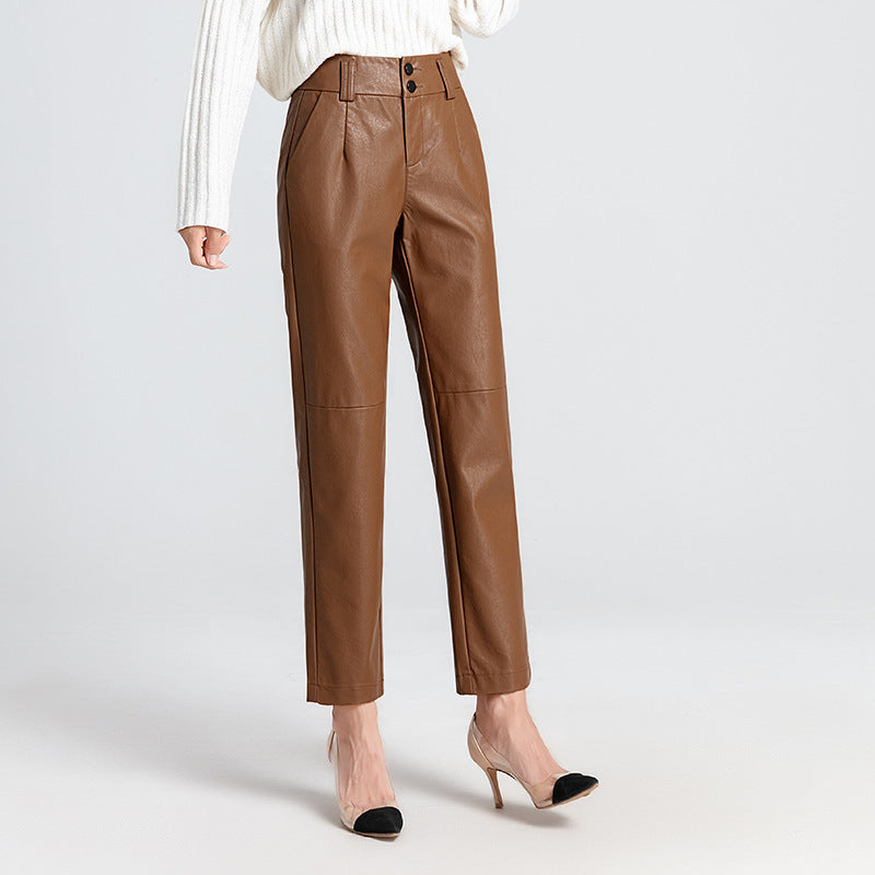 Brown Leather Pants Autumn and Winter Women's Leather Pants Pencil Pants High Waist Sheepskin Skinny Trousers
