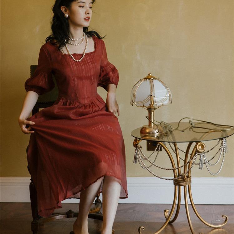 Women Retro Cottagecore Vintage Dress Square Collar Dres Summer Retro Square Collar Red Short Sleeve Dress