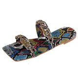 Women Open Toe Sandals Flats Summer Snake Pattern One-Word Metal Chain Sandals for Women