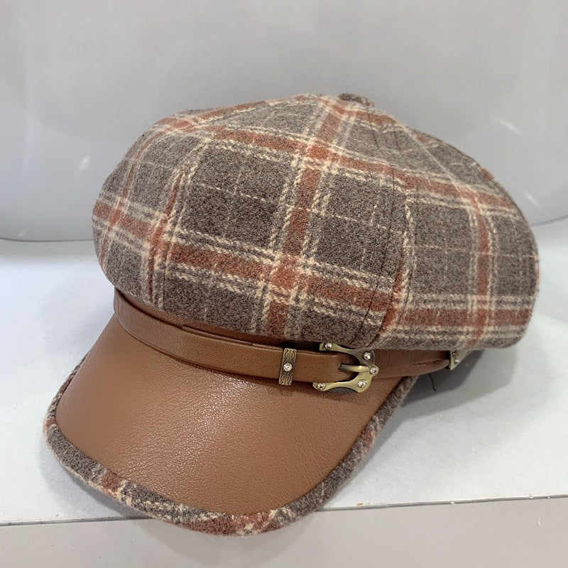 Check Beret Hat Hat Plaid Woolen Autumn and Winter