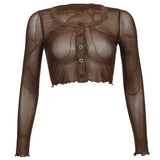 Women Rave Outfits Tops Spring Women's Clothing Sexy Transparent Lace Edge See-through round Neck