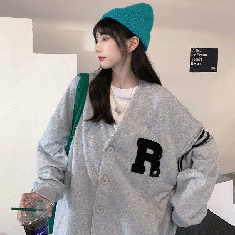 White Varsity Jacket Autumn College Style Letter Embroidered Cardigan Sweater Thin Men and Women Casual Jacket