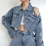 90S Outfits Autumn Winter Retro Street Style Ripped Denim Short Coat