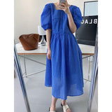 Gingham Dress Square Collar Puff Sleeve Plaid Dress High-Waist Blue Large Swing Dress