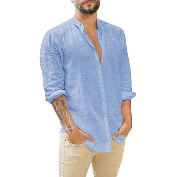 Sweat Wicking Shirt Men's Linen Cardigan Solid Color Casual Stand Collar Long Sleeve Shirt