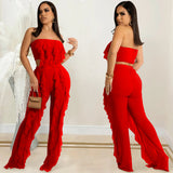 Party Pants Suits Pure Color Mesh See-through Pleated Vest Waist Pants Two-Piece Set for Women
