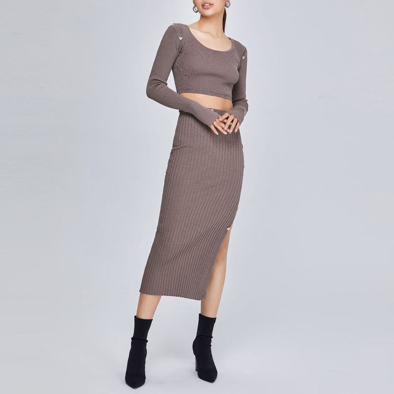 Women Spring Dress Solid Color Long Sleeve Knitted Tight Dress Split Skirt Suit Detachable Design