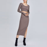Women Spring Dress Solid Color Long Sleeve Knitted Tight Dress Split Skirt Suit Detachable Design