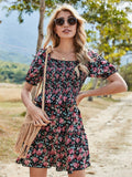 Milkmaid Dresses Floral A- Line Waist Collect Slimming Square Collar Puff Sleeve Dress