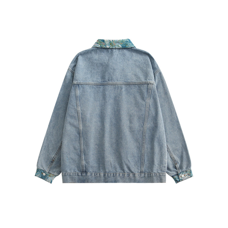Men Denim Coat Jean Jackets Oil Painting Patchwork Denim Jacket Men Loose Lapels Jacket Denim Coat