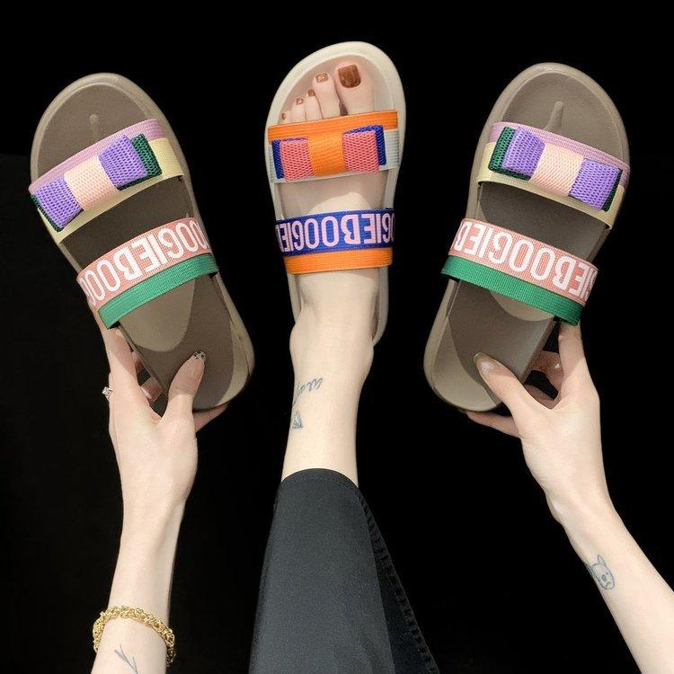 Women Open Toe Sandals Flats Plus Size Bow Platform Slippers Color Matching Casual Slippers