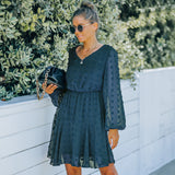 Women Fall Outfits Autumn Winter Skirt V-neck Long Sleeve Mesh Dress