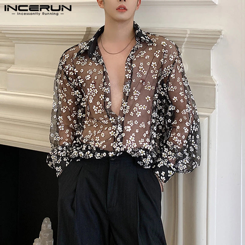 Rave Outfits Men Shirt Casual Sexy See-through Shirt Men's Summer Casual Sheer Top