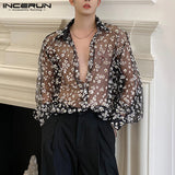 Rave Outfits Men Long Sleeve Shirt Casual Sexy See-through Shirt Summer Lace Shirt