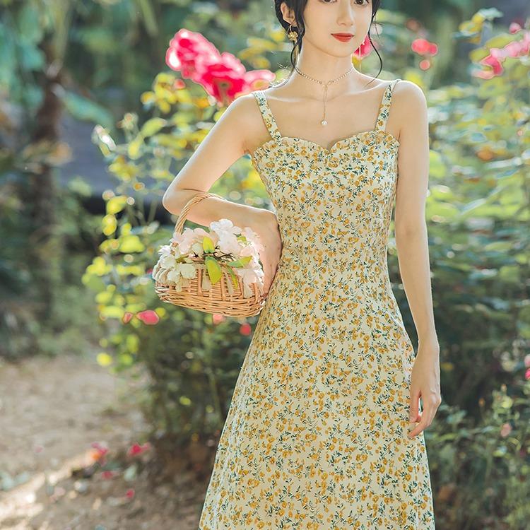 Women cottagecore Dress Vintage Strap Floral Dress Summer Dress