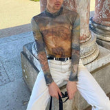 Rave Outfits Men Long Sleeve Shirt Spring Tight Long Sleeve Bottoming Shirt Vintage Printed