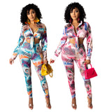 See through Pants Suit Fashion European and American Style Slim Fit Women's Long Sleeve Trendy Printed Casual