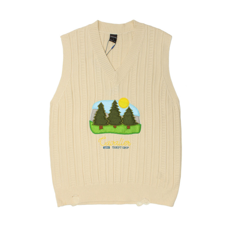 Men Sweater Vest BF Idle Style Embroidered Knitwear Vest Men's Loose V-neck Sweater Vest Coat