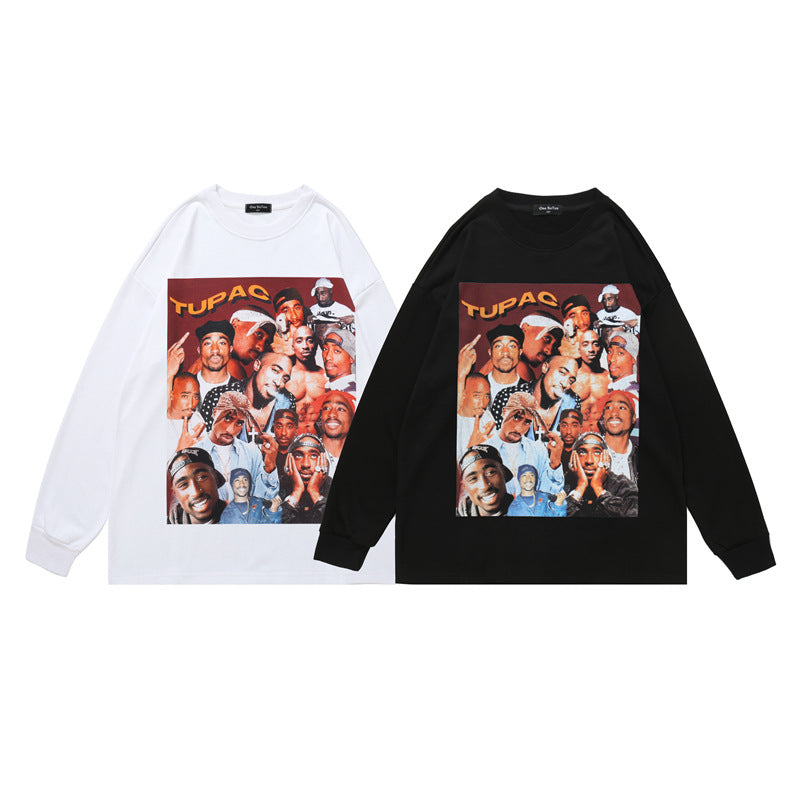 Mens Fall Outfits Rap Character Tupac Floral Print Long Sleeve Pullover Men's and Women's Oversize Loose Top