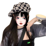 Check Beret Hat Women 'S Black And White Plaid Painter Cap