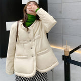 Cute Leather Jacket Beige PU Leather Cotton-Padded Coat for Women Winter Fashion