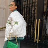 White Cropped Varsity Jacket Embroidered Retro Style Baseball Uniform Contrast Color Cotton-Padded Coat