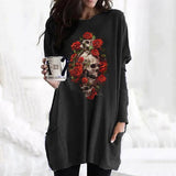 Skull Dress Casual round Neck T-shirt Women's Long Sleeve Pocket Loose Dress