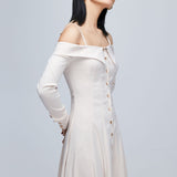 Women Spring Dress Sling off-Shoulder Mid-Length Dress Slim French White Lady Dress