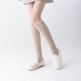 Winter Thick Knit Thigh High Socks Long Stockings Boot Solid Color Mid-Calf Length Socks Hollow Pattern Knitted Socks