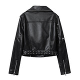 Women PU Leather Jacket Biker Motorcycle Coat Spring and Autumn Loose Motorcycle Lapel Rivet Pu Pique