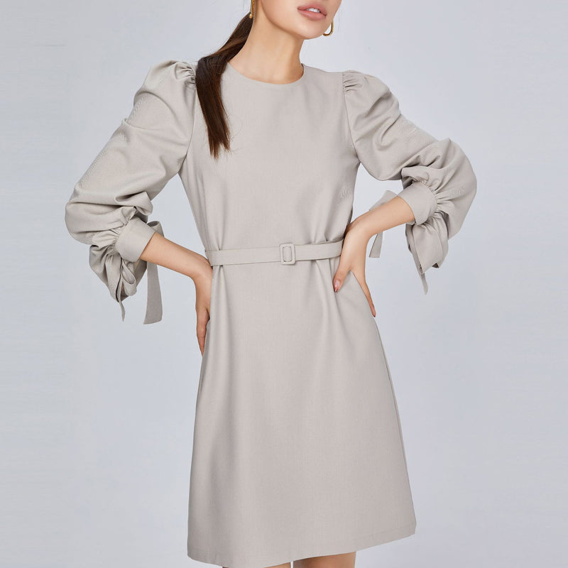 Women Spring Dress Spring and Autumn Long Sleeve Loose Dress Lantern Sleeve Tied Belt Dress for Women