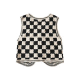 90S Outfits French Style V-neck Single-Breasted Sleeveless Top Women's Retro Black and White Mixed Colors Checkerboard Plaid Vest Women's