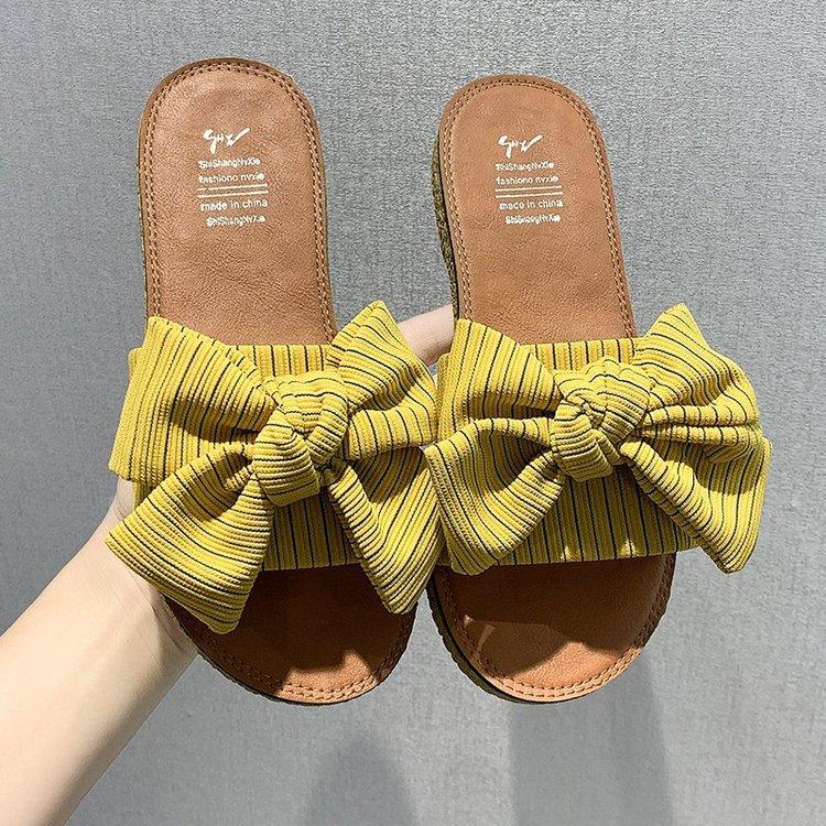 Women Open Toe Sandals Flats Bow Summer Fashion Outdoor Flat Heel Striped Sandals
