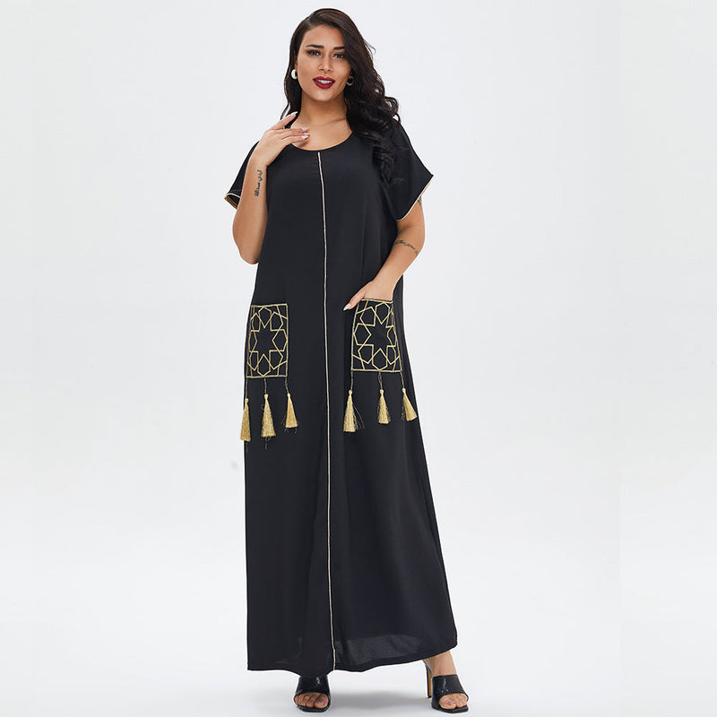 Muslim Women Stylish Kashibo Abaya Muslim Ladies Long Gown Islamic Clothing Jilbab Jalabiya Summer Short Sleeve Maxi Dress