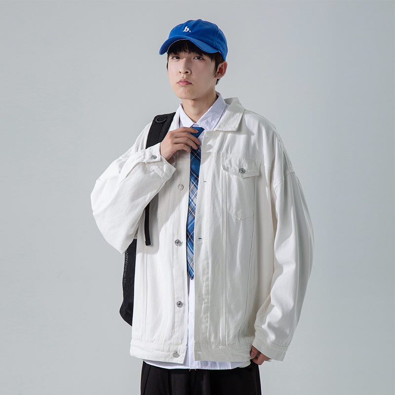 Denim Varsity Jacket Fall Winter Cowboy Coat Men's All-Match Solid Color Loose Jacket